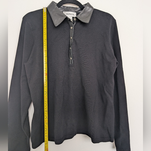 Vintage Leather Trim Alfani Black Long Sleeve Snap Button Polo Shirt Sz L - Picture 9 of 15